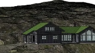 Bildet viser en arkitekttegnet hytte